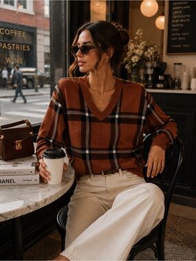 Max Studio Plaid V-Neck Sweater Brown Black XS